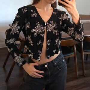 Vintage Jonathan Andrews Black with White Floral Graphic Cropped Top - XS